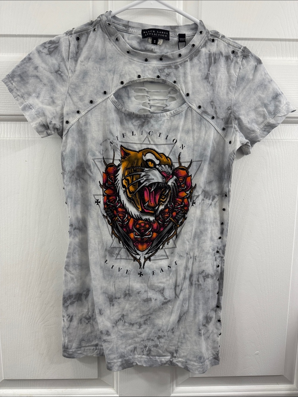 Affliction Gray Tie-Dye Short Sleeve Tee with Tiger & Rose Emblem